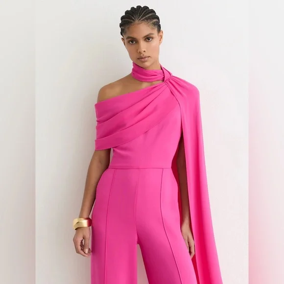 NWT REISS One-Shoulder Drape Wide-Leg Jumpsuit in Raspberry Pink - Picture 2 of 9